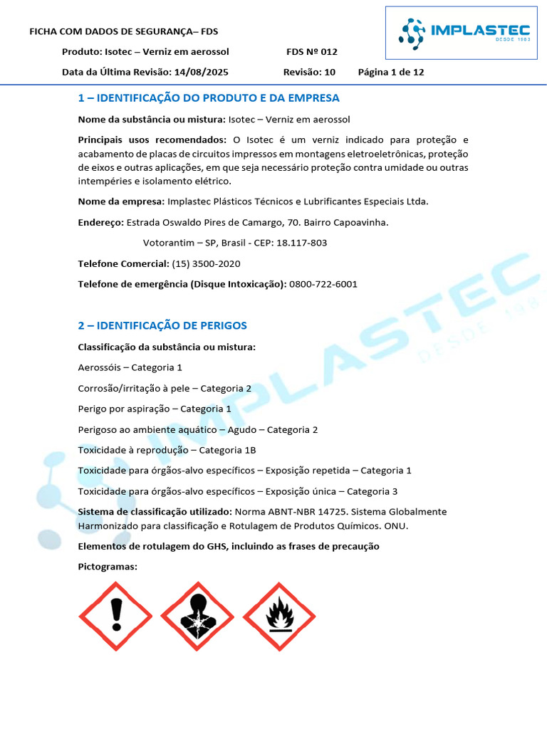 FDS 012 - Isotec - Verniz em Aerossol | PDF