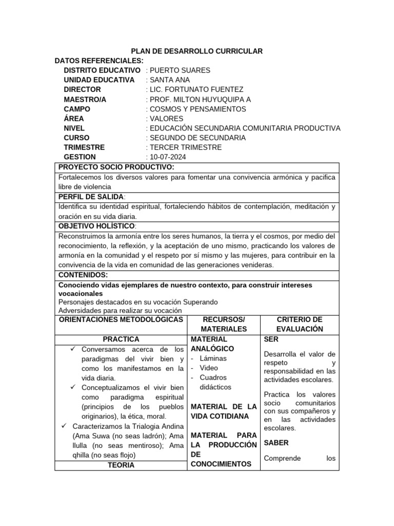 2do. Valores PDF de Plan de Desarrollo Curricular | PDF