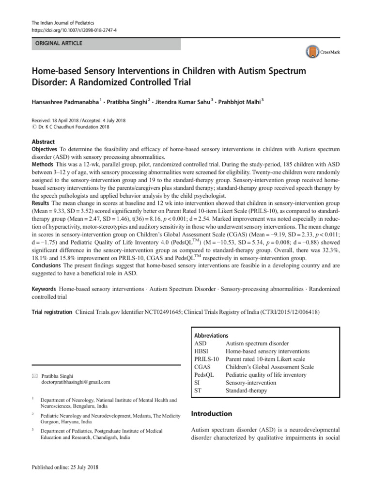 Home-Based Sensory Interventions in Children With Autism Spectrum ...