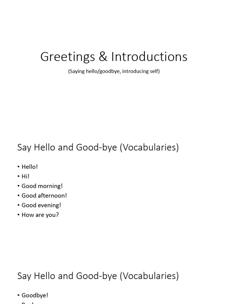 Greetings & Introductions Phrases. Saying Hello and Goodbye | PDF
