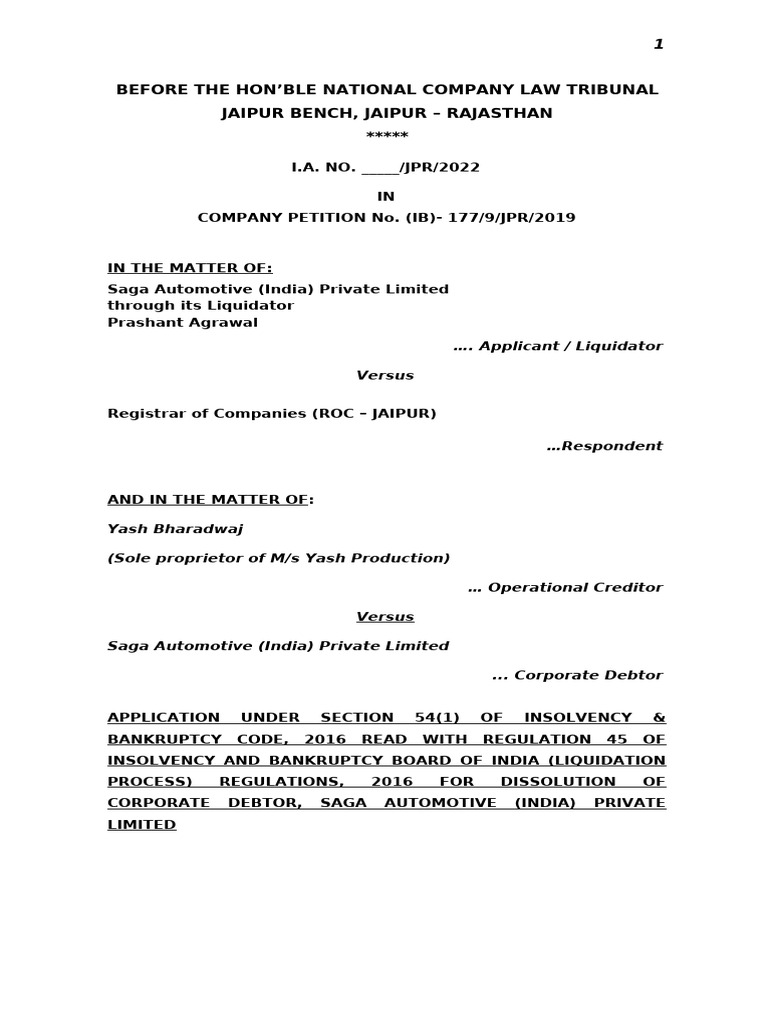 Draft Dissolution Application | PDF | Bankruptcy | Liquidation