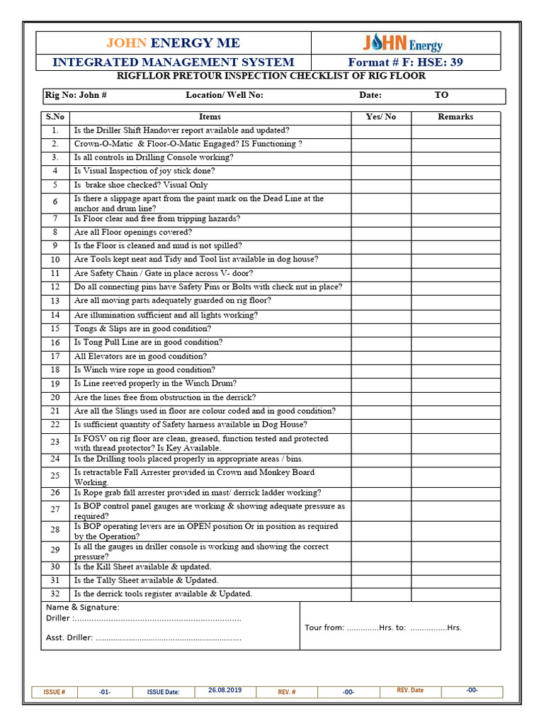 Driller - Ad Rig Floor Pre Tour Inspection Checklist | PDF