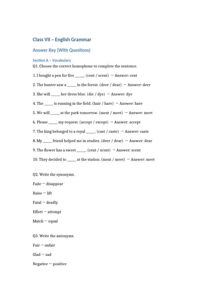 Class7 English Grammar Answer Key | PDF | Chess Openings | Chess