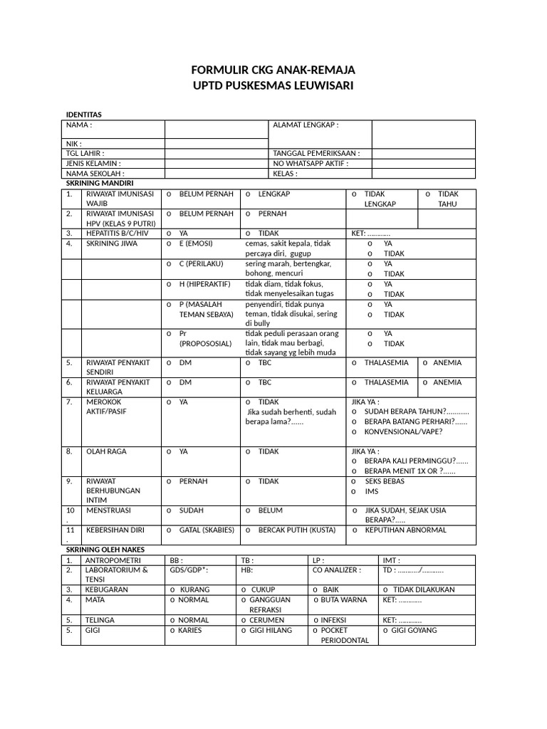 Form Ckg Anak Remaja | PDF
