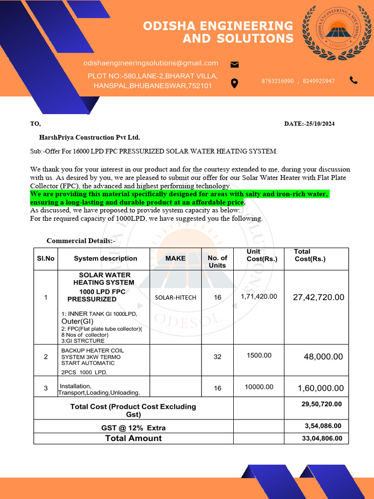 16000 Lpd FPC Solar Water Heater Quotation | PDF