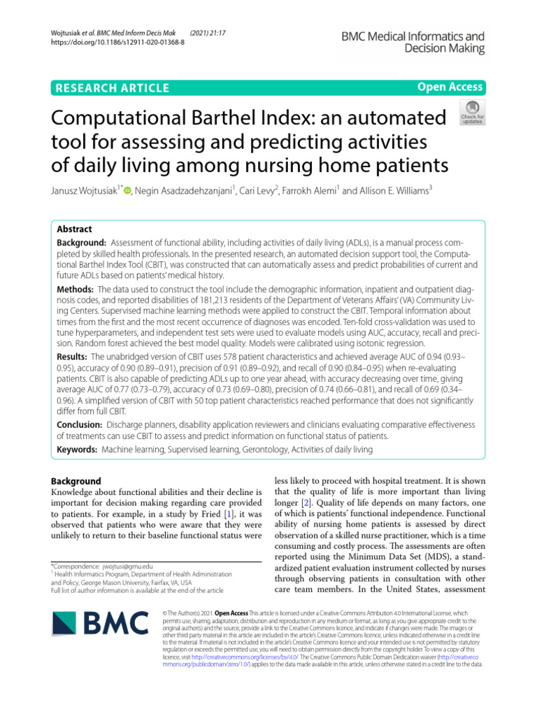 Barthel Index | PDF | Machine Learning | Receiver Operating Characteristic