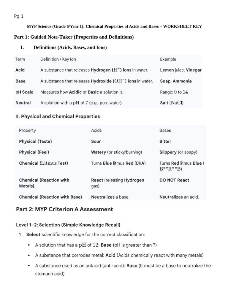 Acid and Base Worksheet KEY | PDF