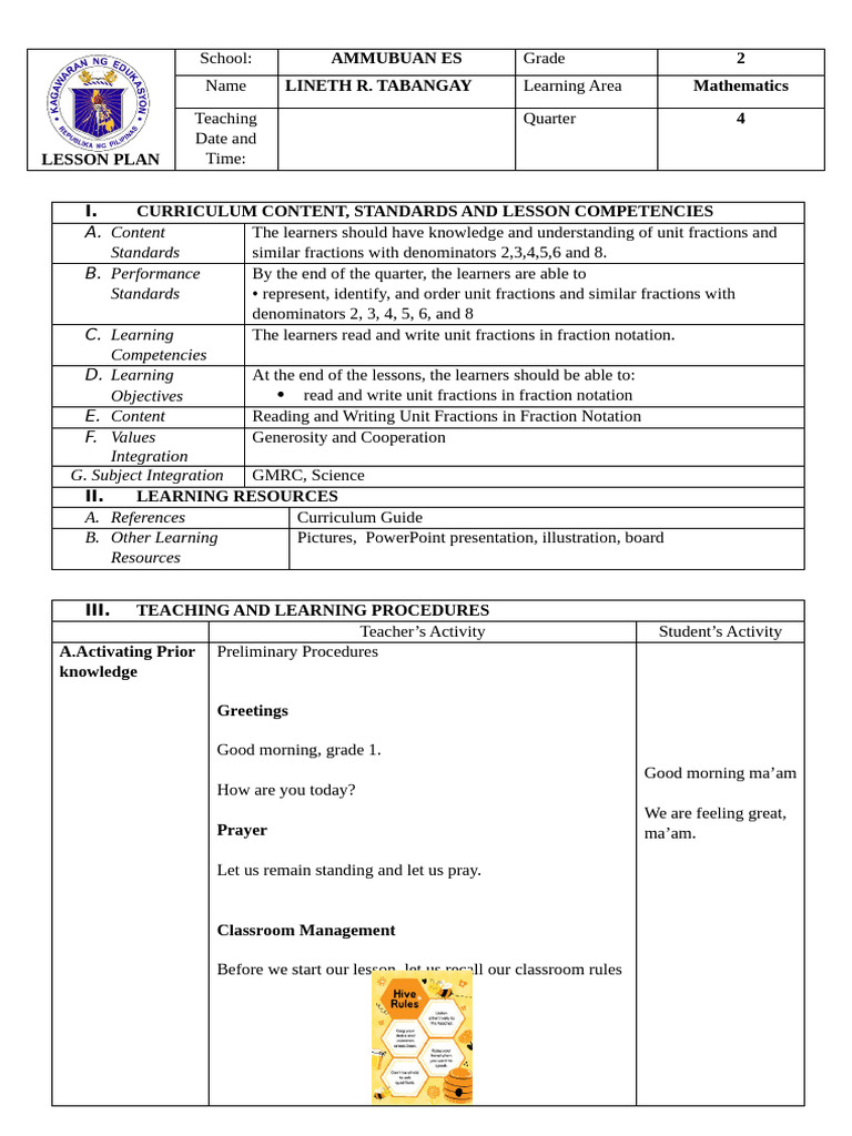 Lesson Plan Grade 2 Mathematics Quarter 4 Week 1 (Unit Fractions) | PDF ...