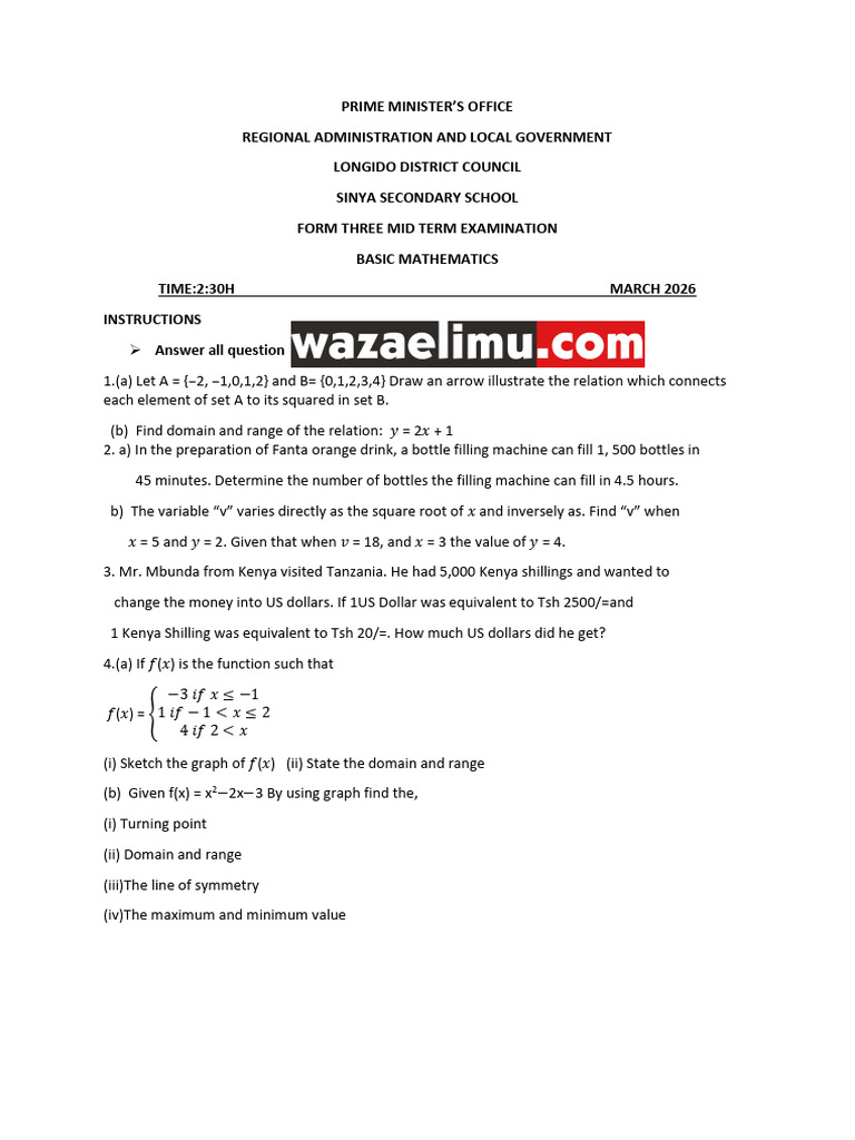 Mathematic Midf Term Form Three March 2026 (1) | PDF