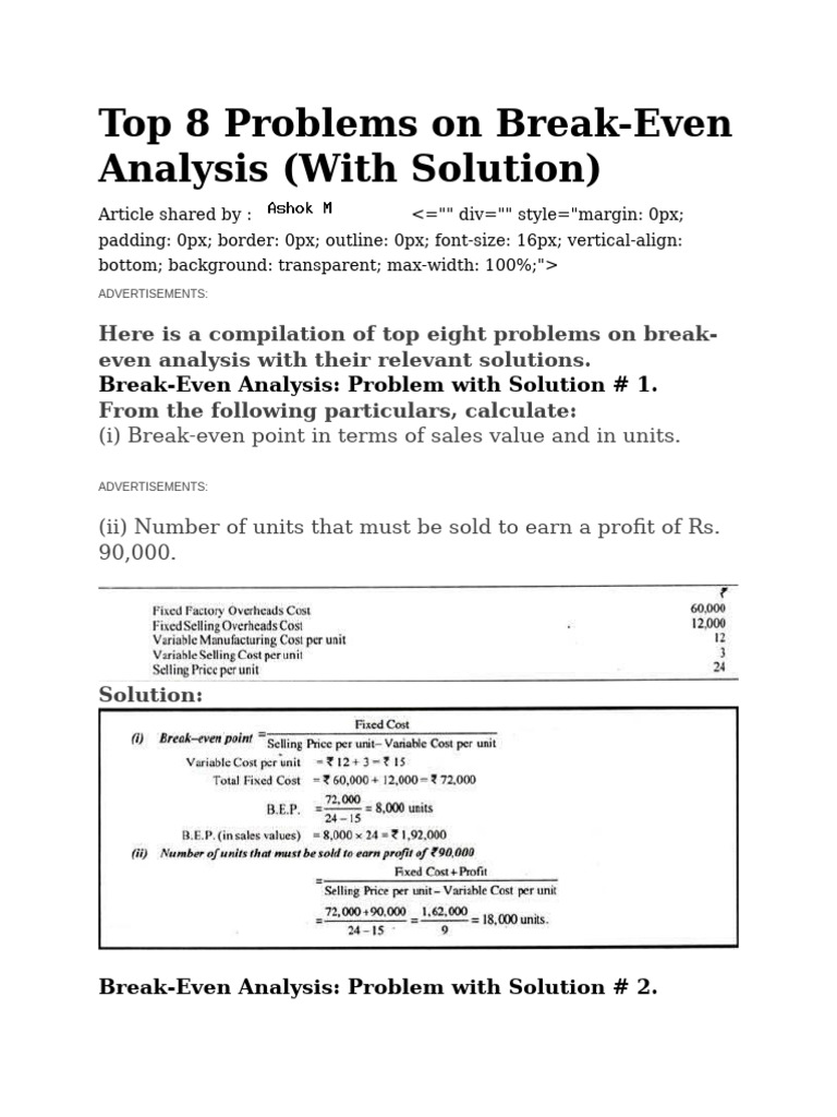 problems on break even analysis | PDF