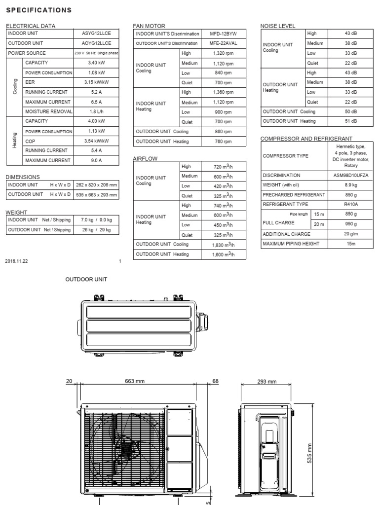 Specifications outdoor unit | PDF | Mechanical Engineering | Electrical ...