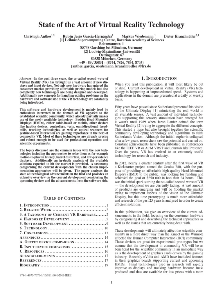State of the Art of Virtual Reality Technology 1 | PDF | Virtual ...