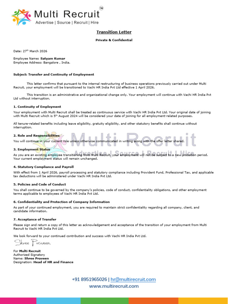 Satyam Kumar- Transition Letters for Existing Employees | PDF ...