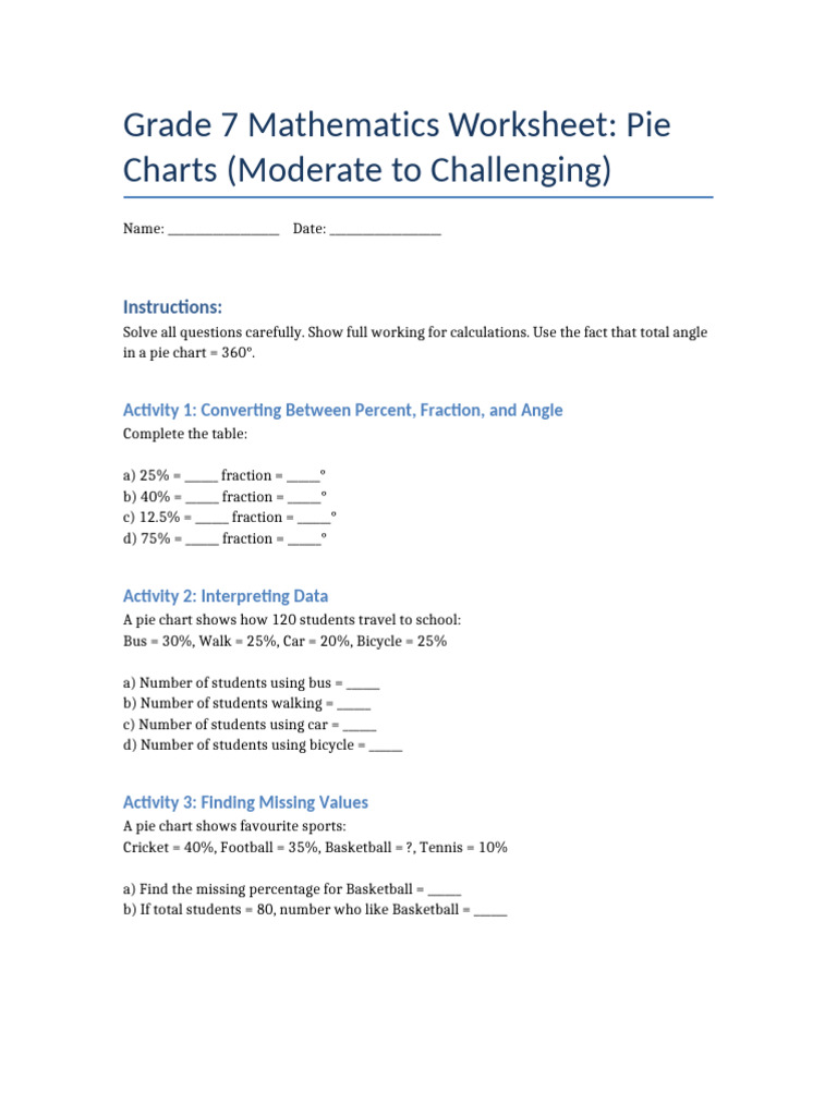 Pie Chart Worksheet Grade7 Advanced | PDF