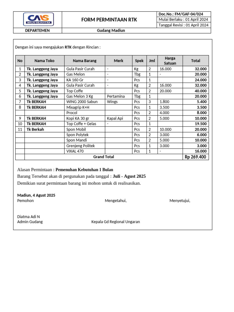 Form Permintaan Atk-Rtk | PDF