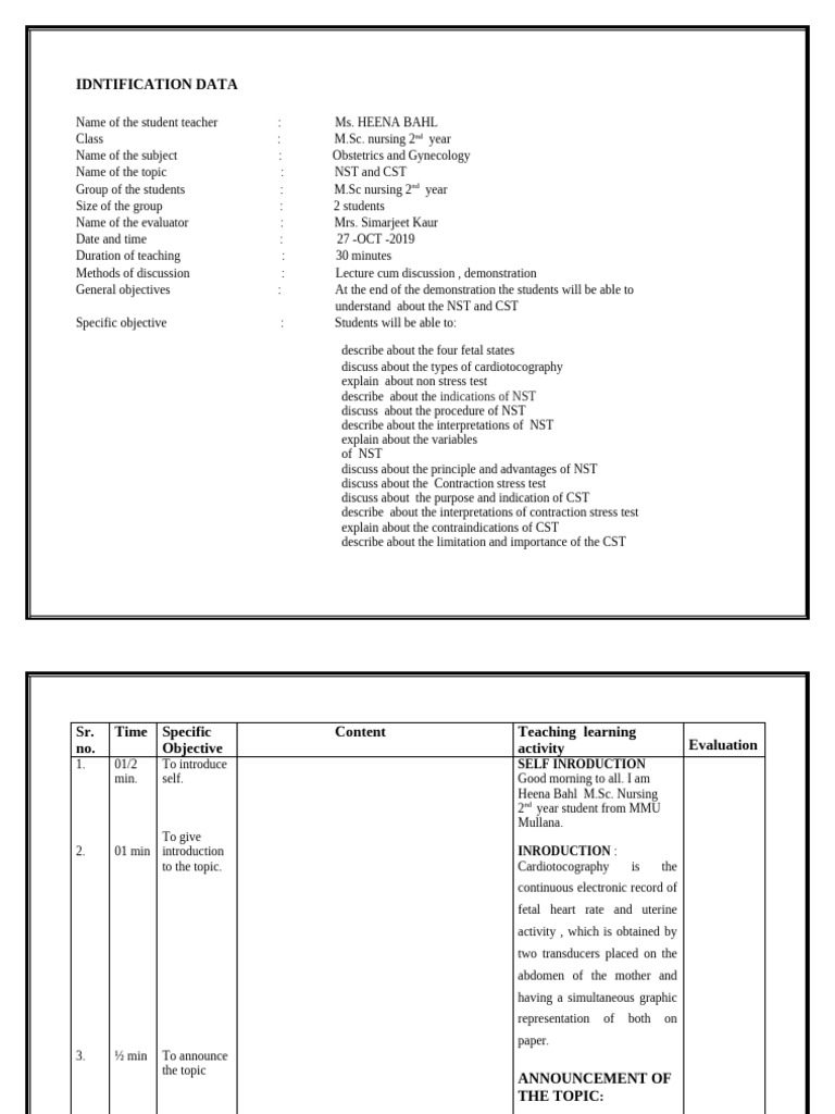 Lesson Plan of NST CST | PDF | Heart Rate | Clinical Medicine