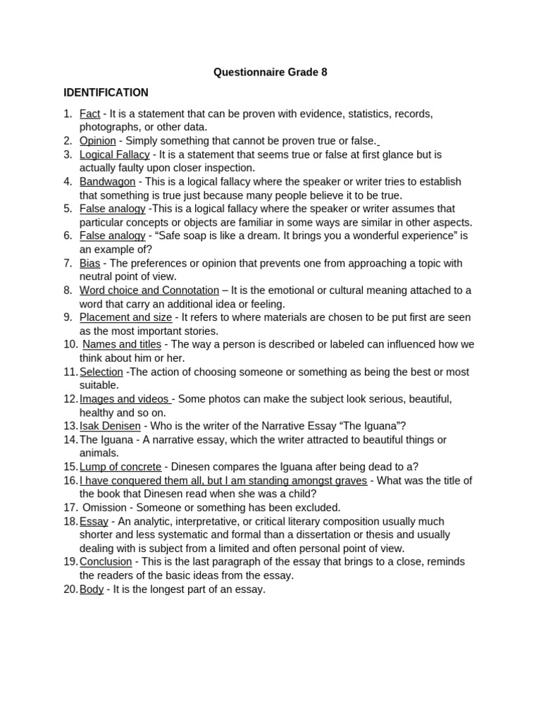 Grade 8 Questionnaire | PDF | Essays | Fallacy