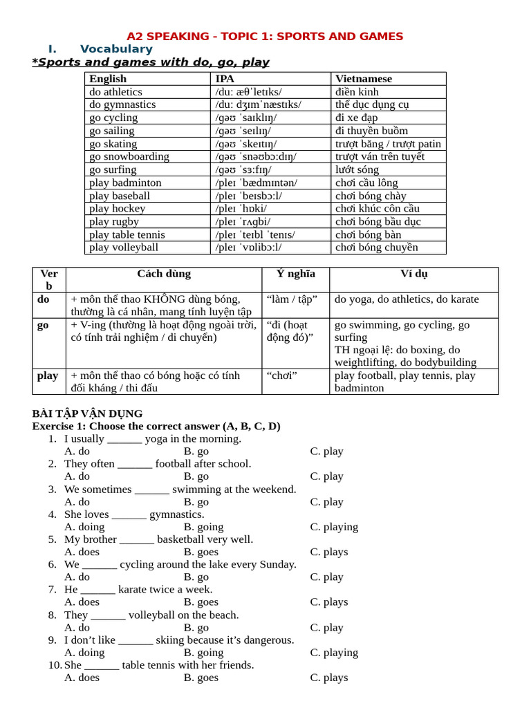 5.1a - A2 Speaking Topic 1 | PDF | Verb | Sports