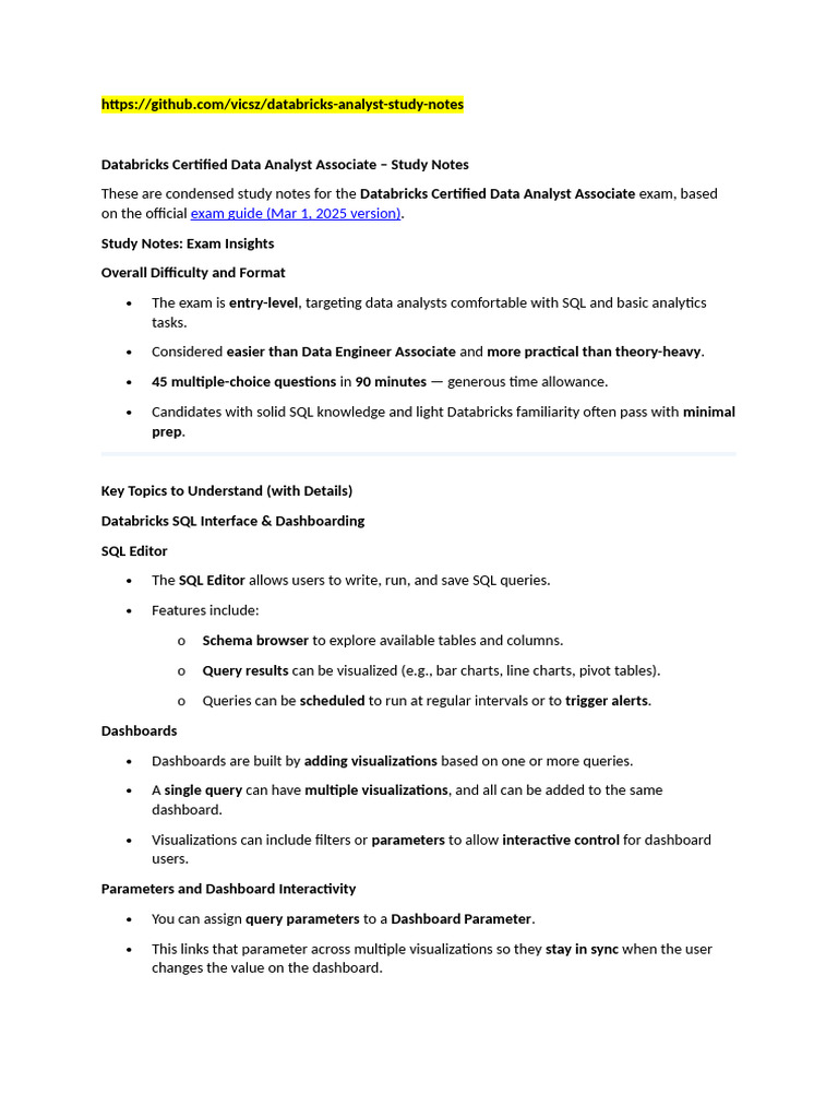 Github Databricks Certified Data Analyst Associate - Study Notes | PDF ...