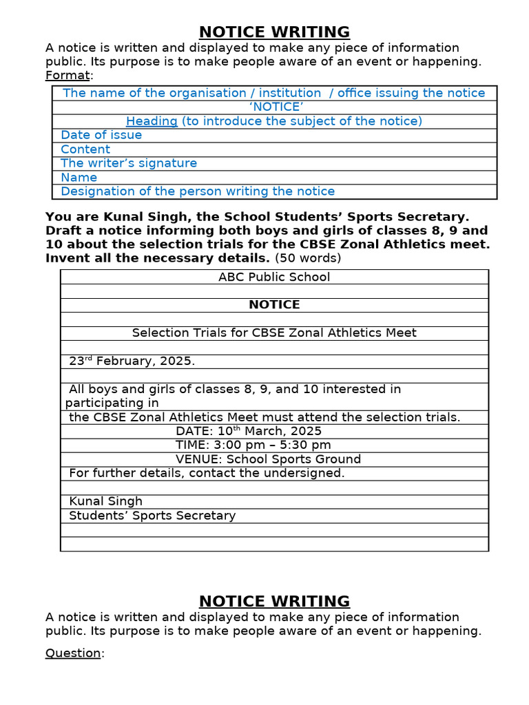Notice Writing - Cbse Zonal Athletics Meet | PDF