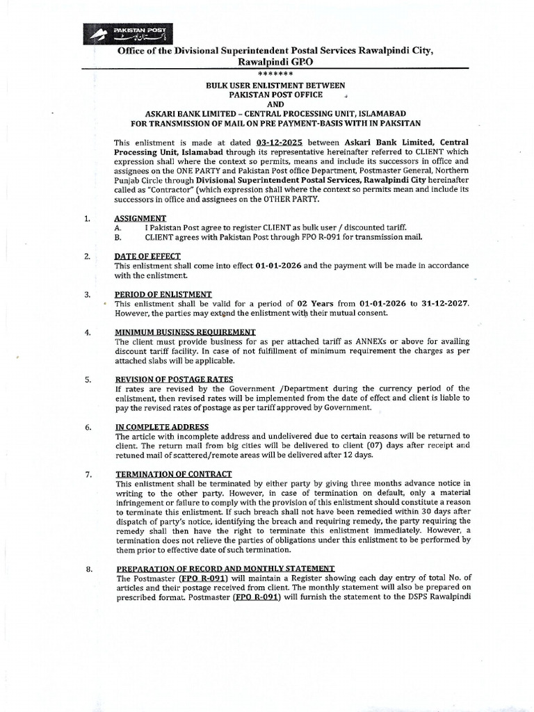 AKBL Bulk Agreement 01-01-2026 To 31-12-2027 | PDF