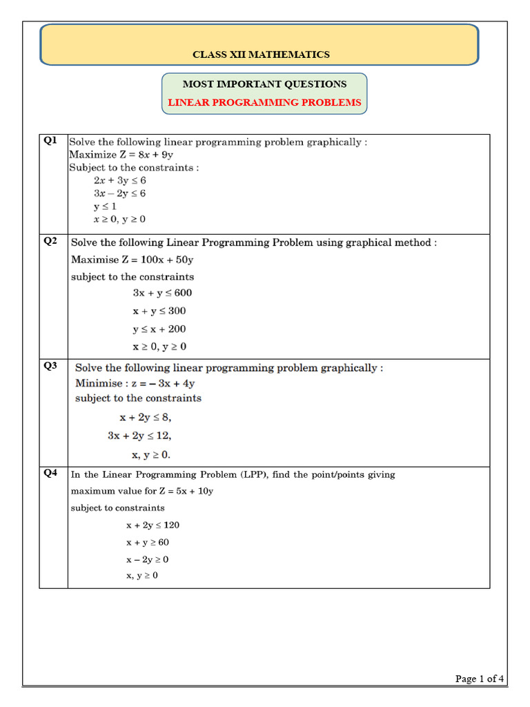 Shcs Ch12 q.p Class Xii Maths (Linear Programming Problems) Most ...