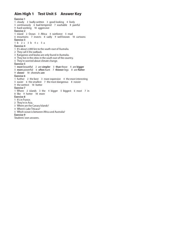 Aim High 1 Unit 5 Test AK | PDF