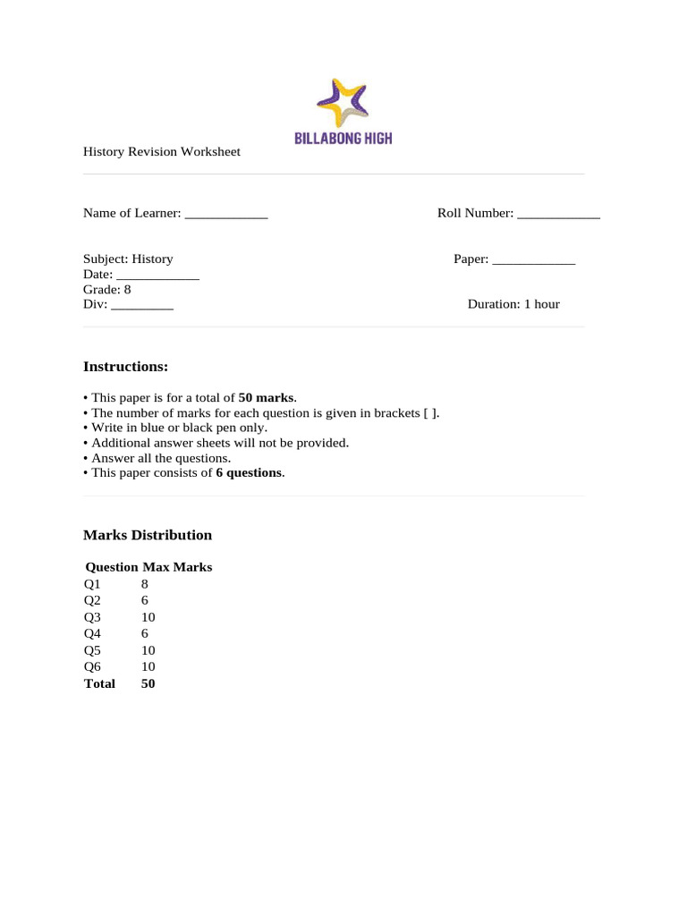 HistoryRevisionWorksheetT2 | PDF