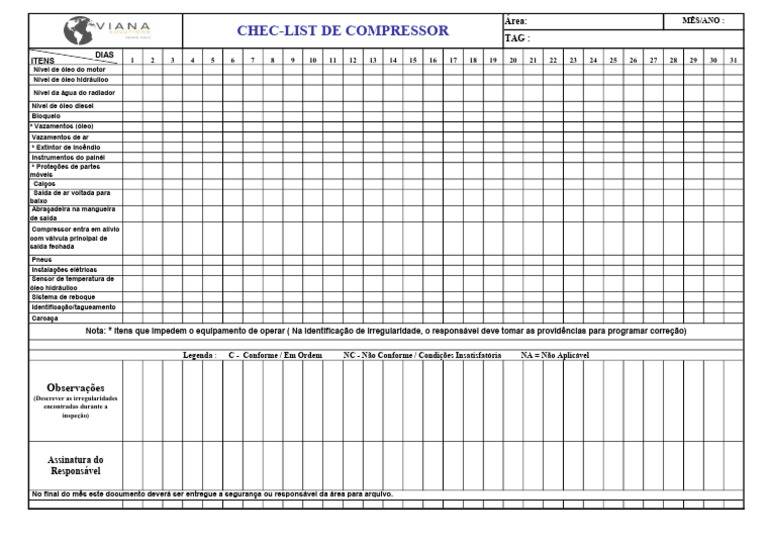 Check List - Compressor - VIANA - MODELO | PDF