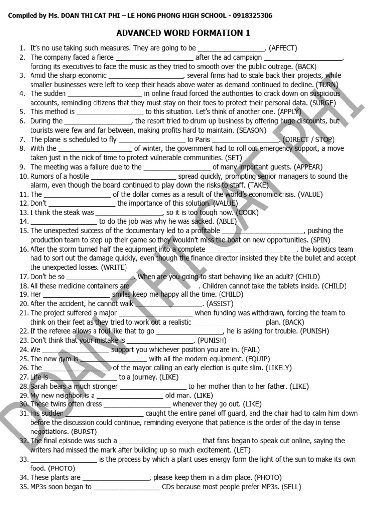 Grade 9 Advanced Word Formation 1 Handout | PDF