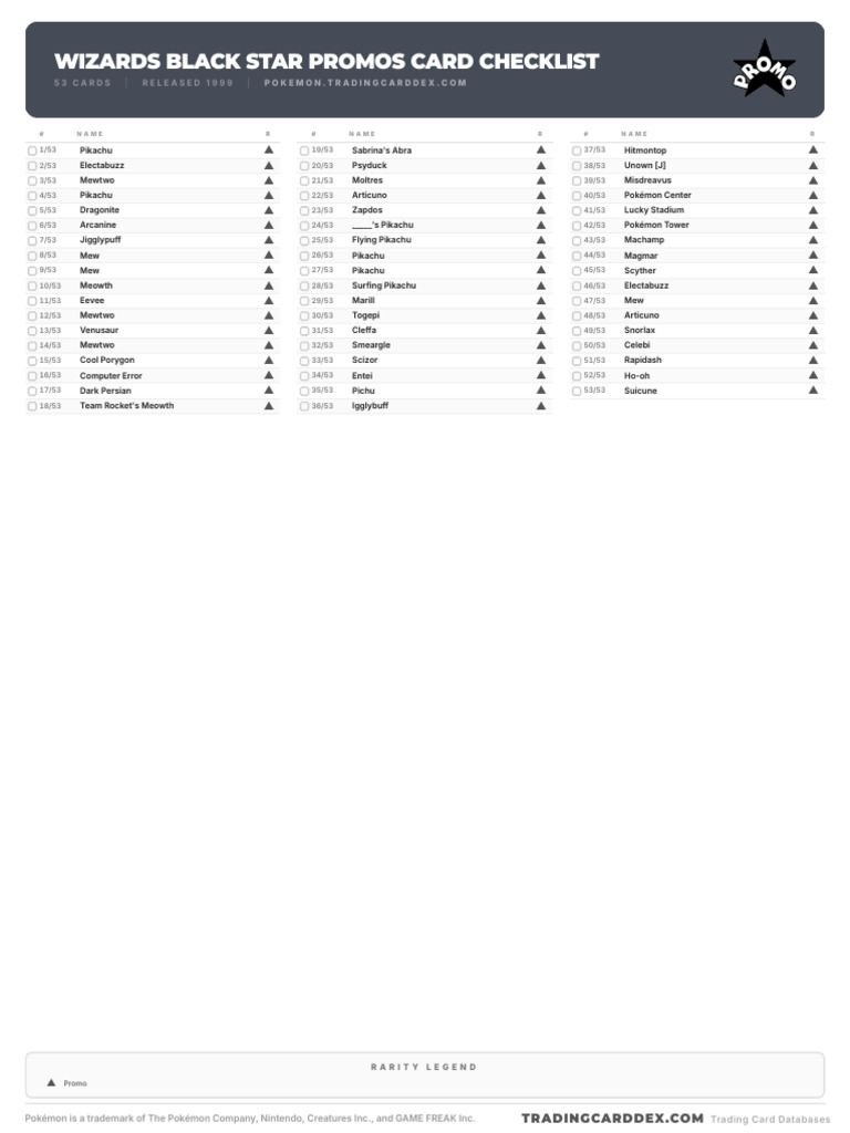 Pokemon Wizards Black Star Promos Card Checklist | PDF | Pokmon | Nintendo