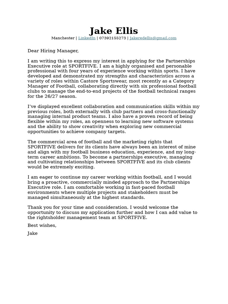 Jake Ellis - Cover Letter - SPORTFIVE | PDF