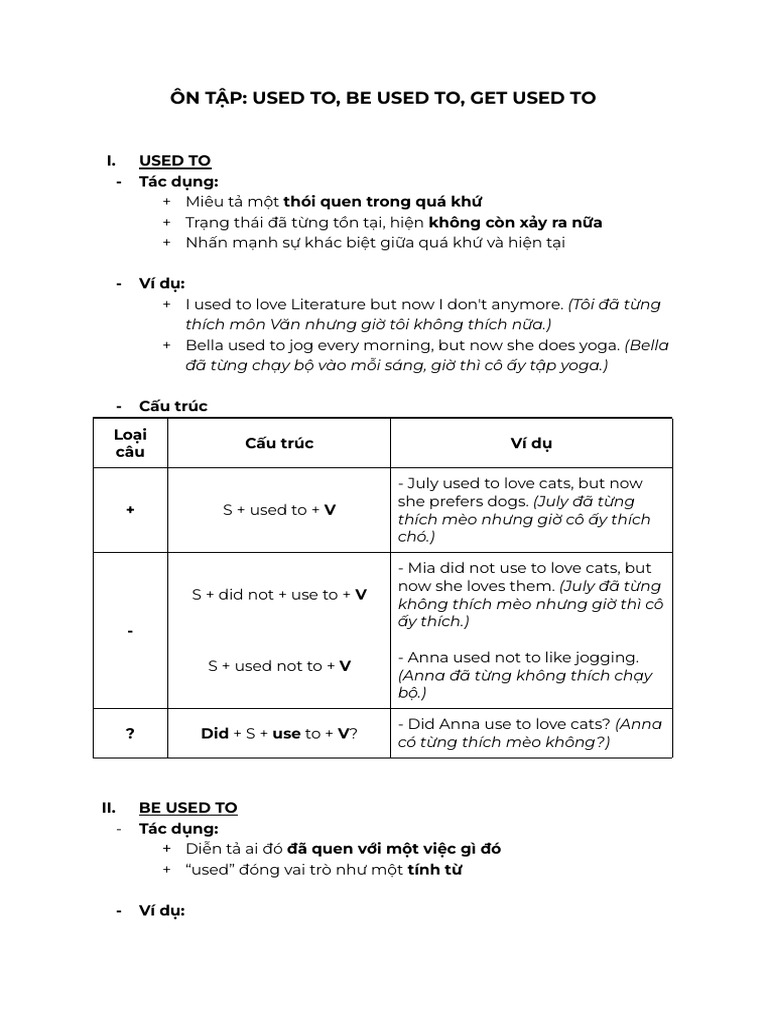 Ôn Tập_ Used to, Be Used to, Get Used To | PDF