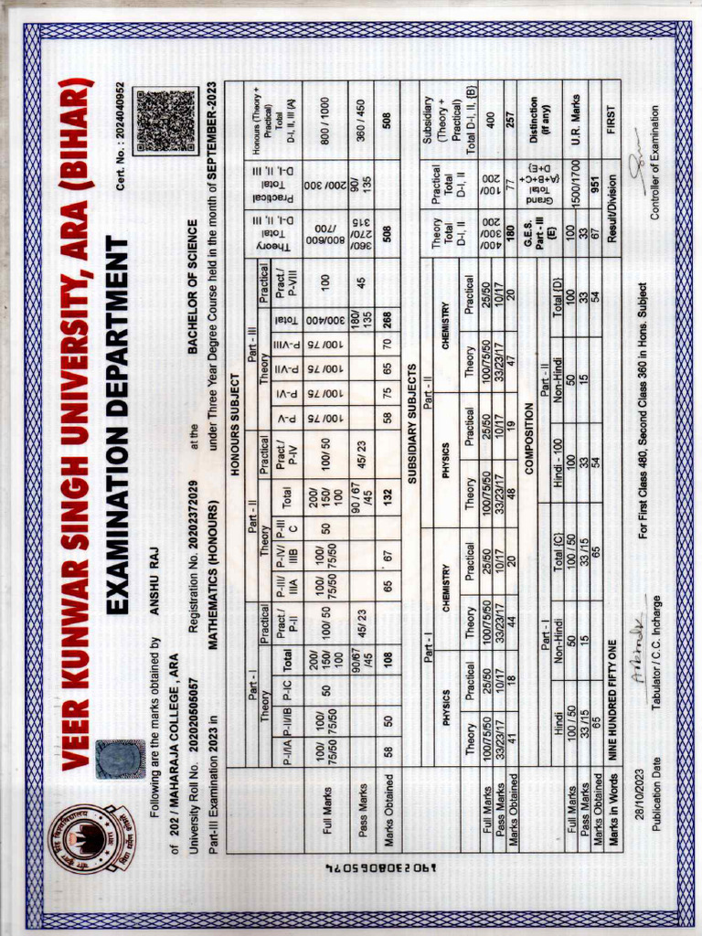 Part 3 Final Year Marksheet (1) | PDF