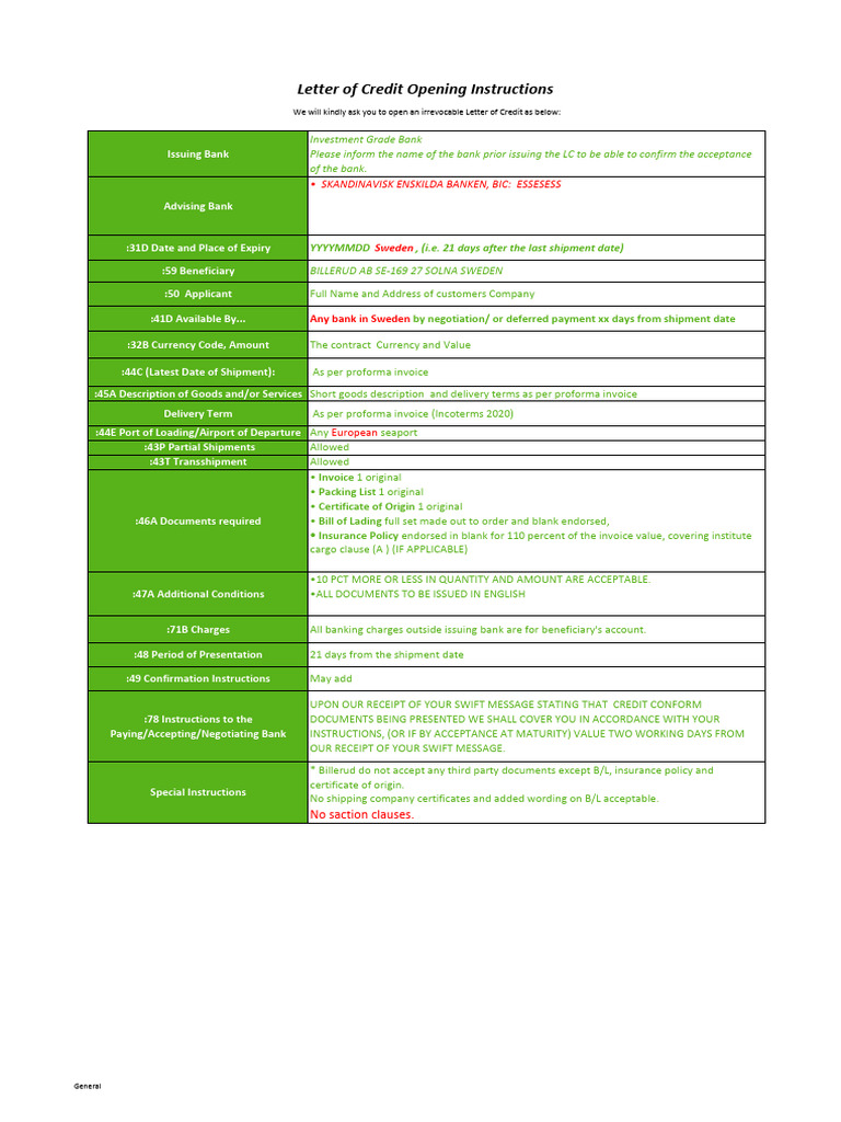Template LC Opening Instructions (Ivory Cost) | PDF | Letter Of Credit ...