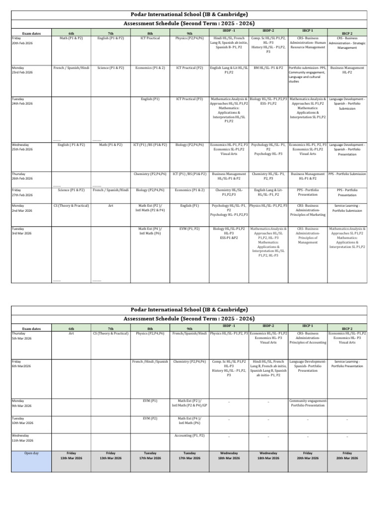 2025 2026 Assessment Schedule Second Term Exam | PDF
