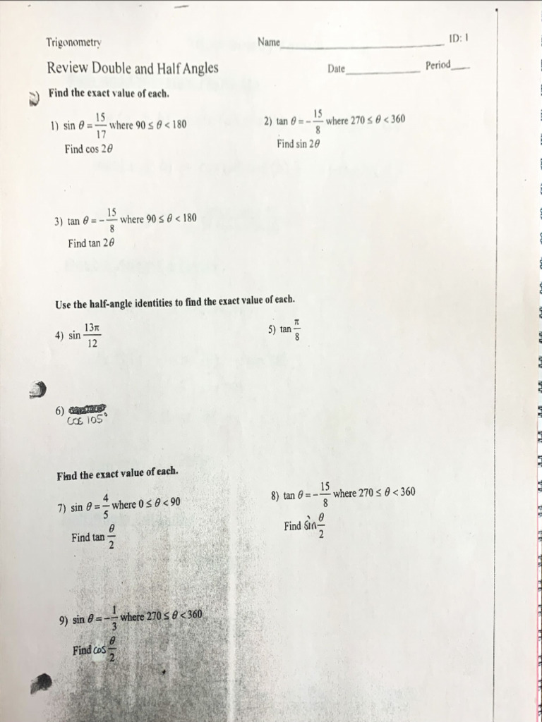 Review Double and Half Angles (Revised) | PDF