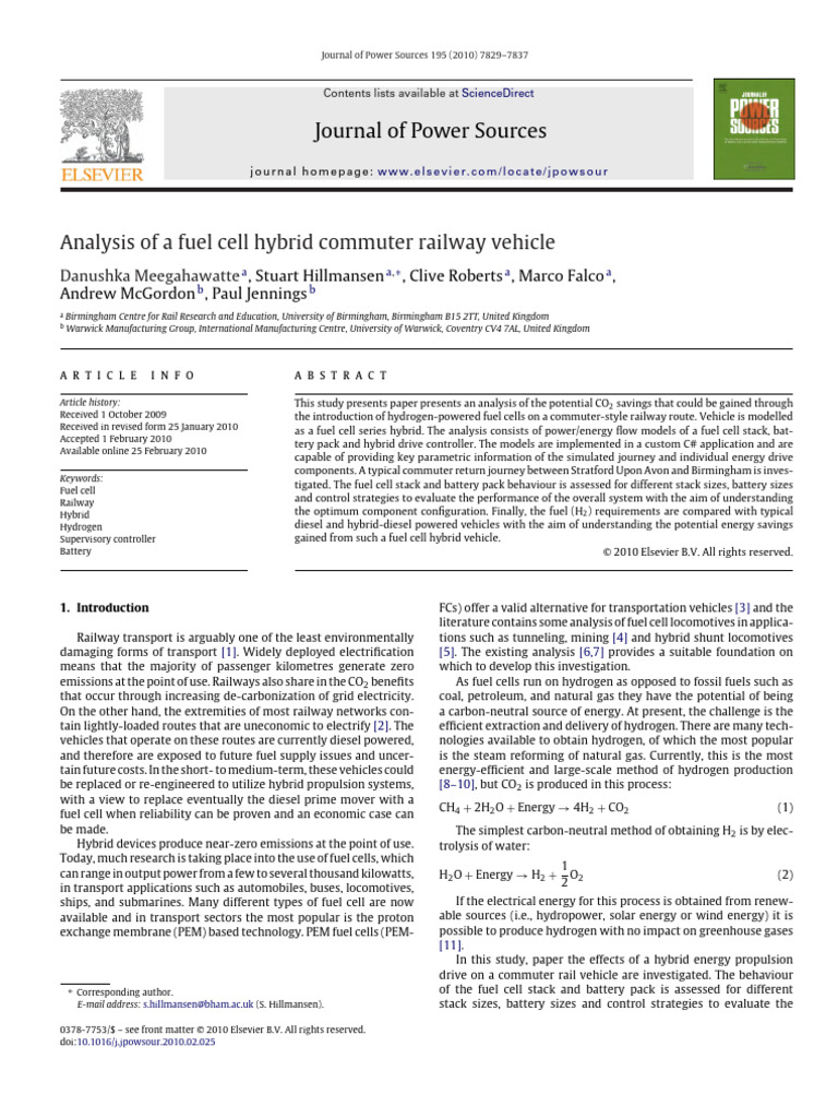 Analysis of a Fuel Cell Hybrid Commuter Railway Vehicle | PDF | Hybrid ...