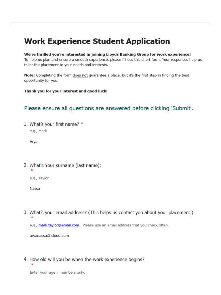 Work Experience Student Application | PDF