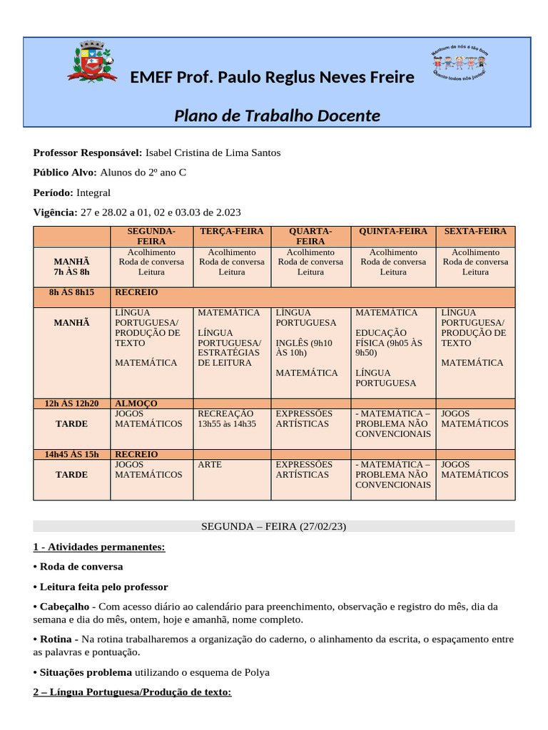 EMEF Prof. Paulo Reglus Neves Freire: Plano de Trabalho Docente | PDF ...