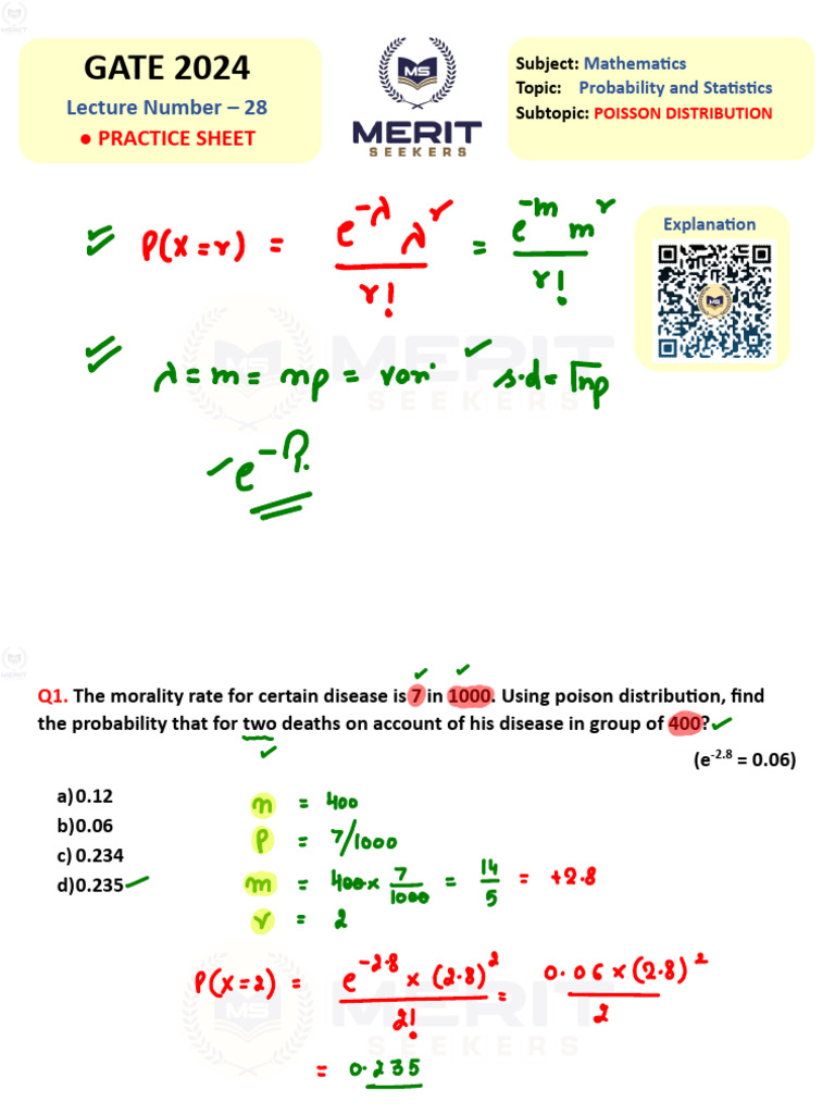Lecture 28 Practice Sheet of Poisson Distribution e | PDF | Poisson ...