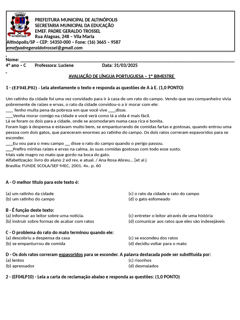 AVALIAÇÃO PORTUGUES 1 BIMESTRE 2025 | PDF | Linguística | Idiomas