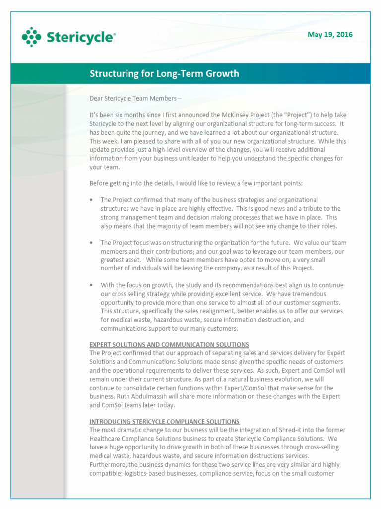 Stericycle Organization Realignment FINAL | PDF