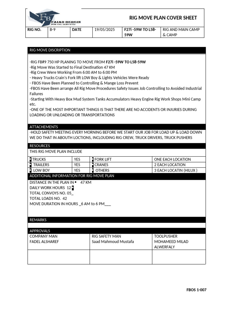 Rig Move Plan Cover Sheet Fbos Rig#9 00000111 (1) | PDF