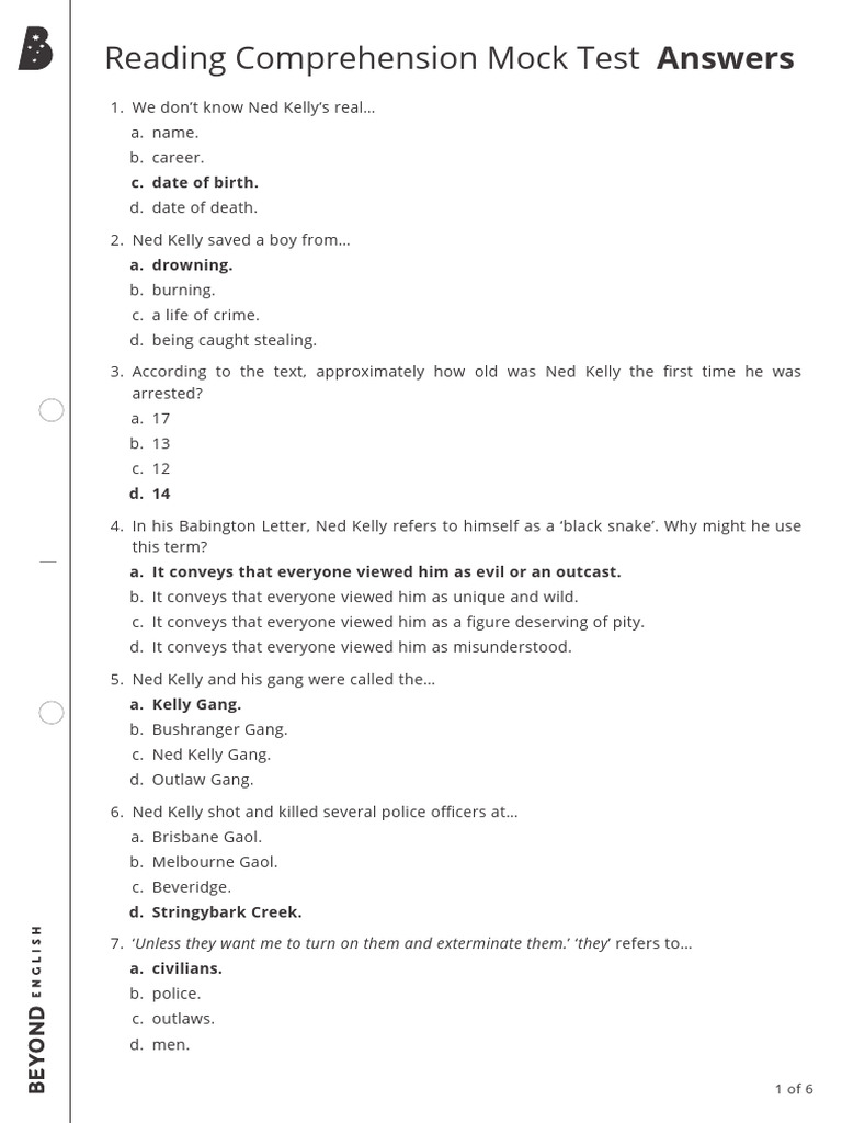 Reading Comprehension Mock Test Answers | PDF | Meditation