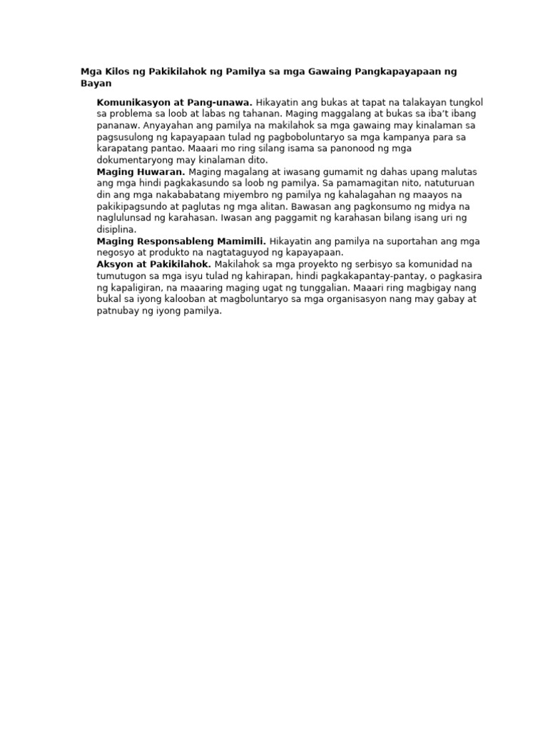 Mga Kilos Ng Pakikilahok Ng Pamilya Sa Mga Gawaing Pangkapayapaan Ng ...