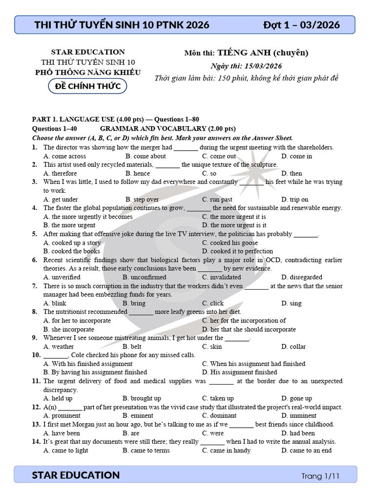 2026 Thi Thu Ac Dot 1 de Thi (1) | PDF | Stress (Biology) | Intelligence
