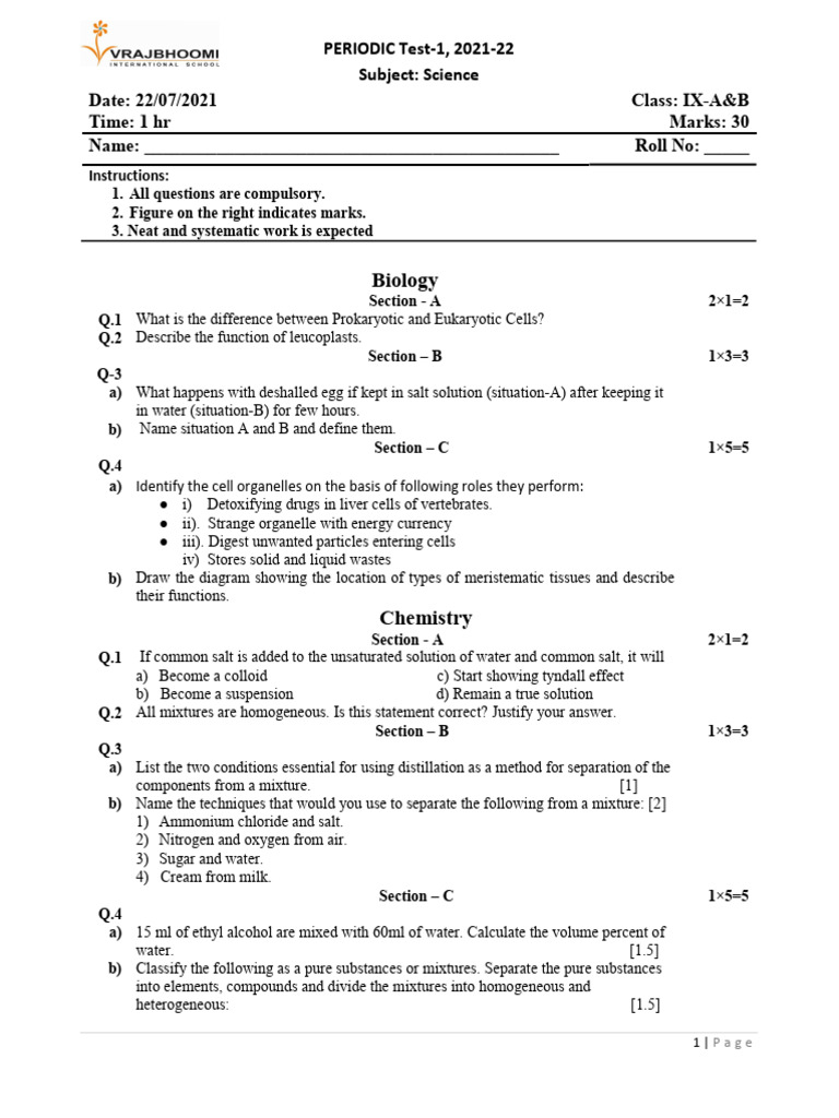 9A&B Science Periodic Test-1 | PDF | Mixture | Velocity