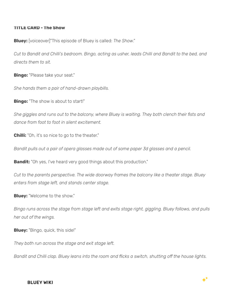 Bluey - Bingo and Bluey show - The Show Script | PDF