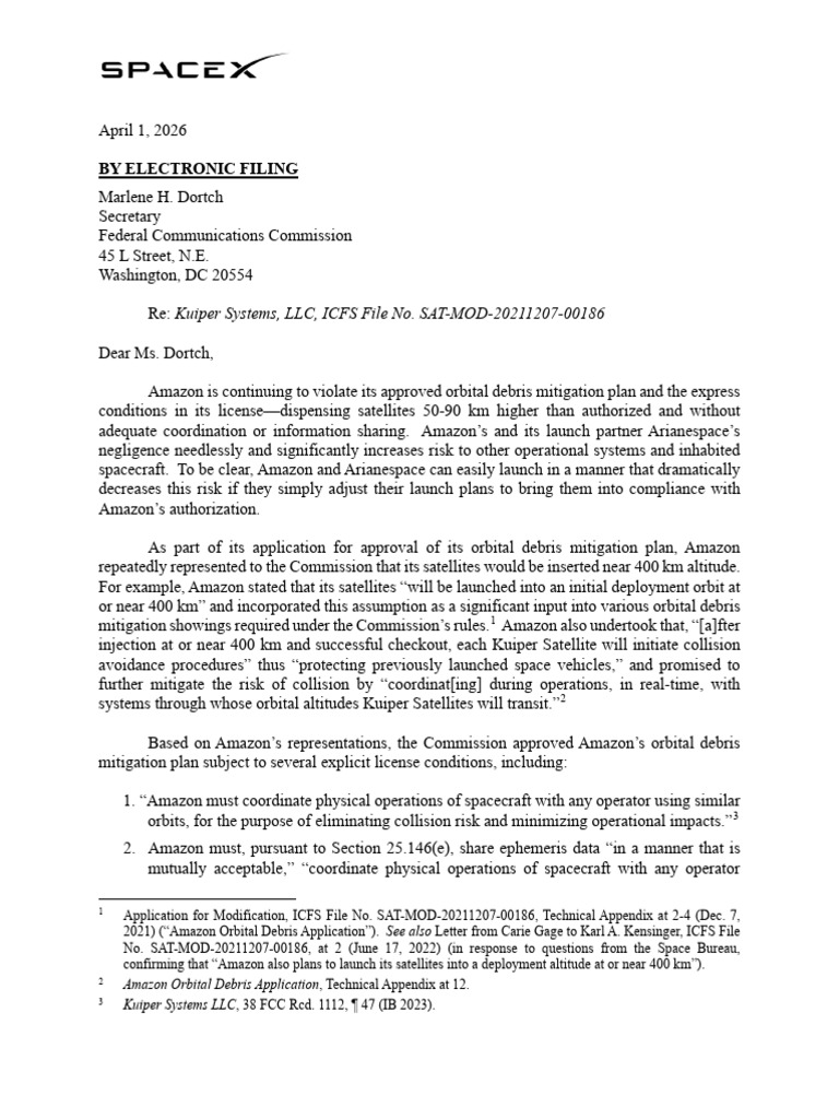 SpaceX Letter On Amazon Deployment Altitude (4!1!26) | PDF | Space ...